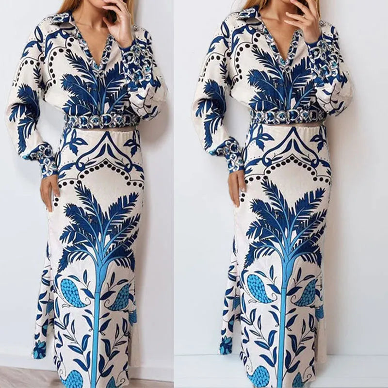 Women's early spring flower print two-piece co-ord set with long sleeves and long skirt