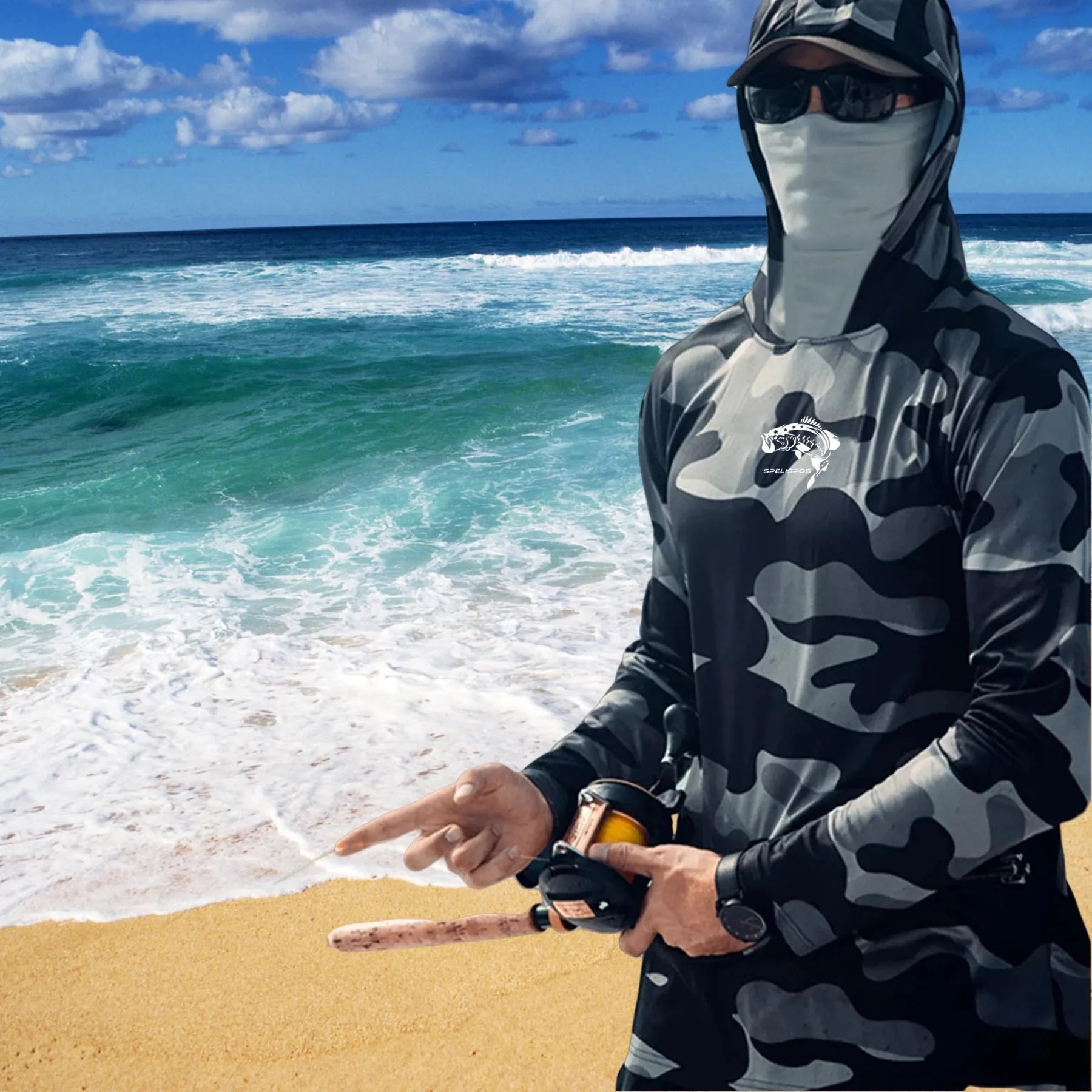 Men's grey fishing hoodie with long sleeves, mesh side panels, and crew neck design for outdoor sun protection