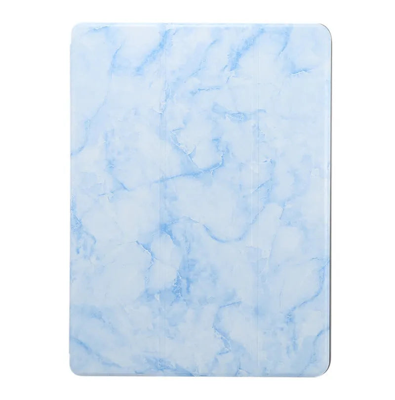 Tri-fold marbling design imitation leather iPad case with a built-in pen slot.