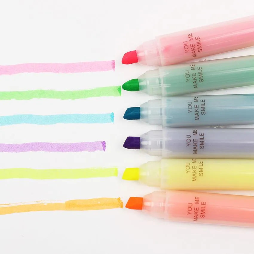 Six plastic highlighter pens with oblique tips in six different colours, presented in a bagged pack.