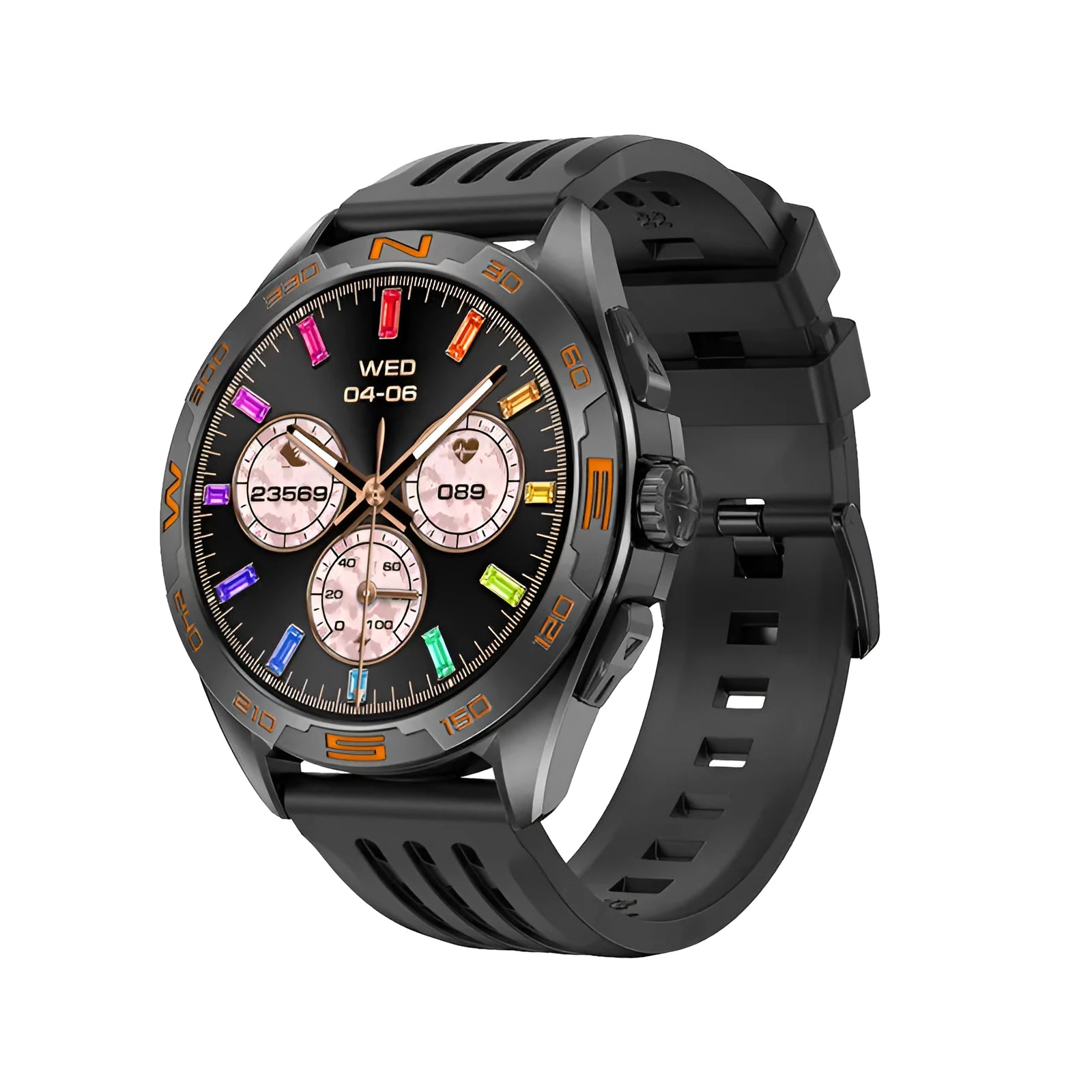 Men's black smartwatch displaying health stats on its screen, showing heart rate and blood oxygen readings.
