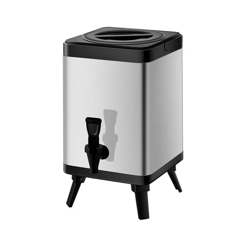 Silver stainless steel milk tea bucket with square design and lockable lid, 8 litre capacity