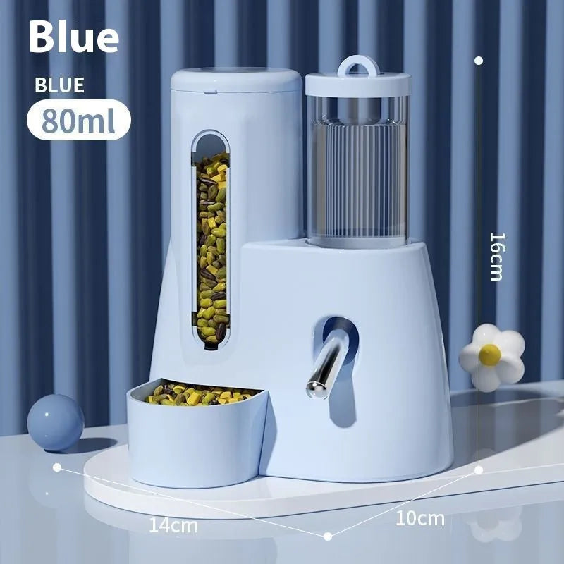 White automatic water feeder and food basin set for hamsters on a blue background.