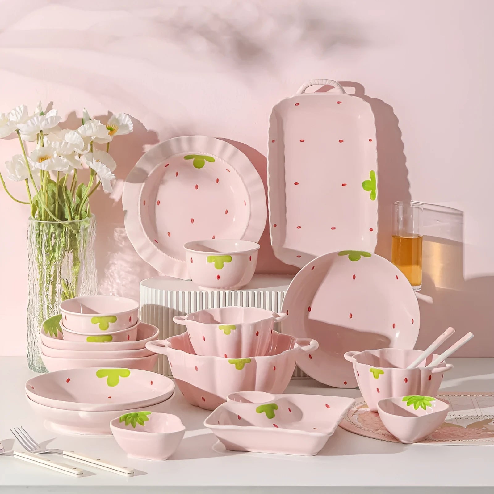 Creative strawberry cute porcelain dinnerware set with flower bowls, noodle bowl, plates, and twist spoon.