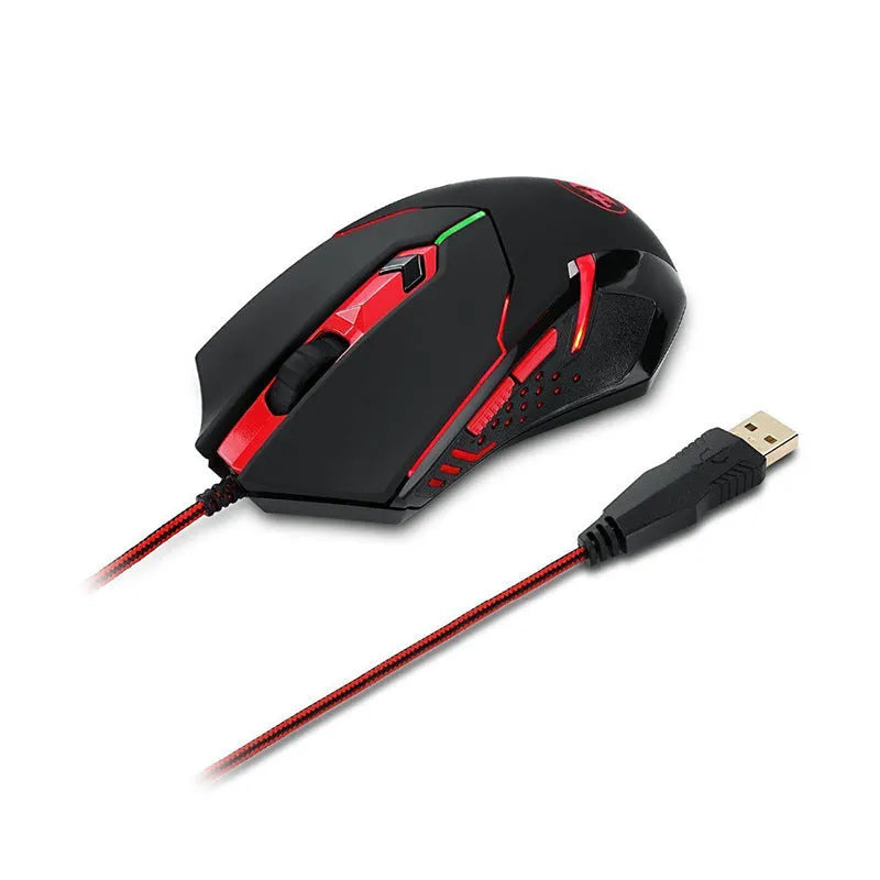 Black and red USB wired optical gaming mouse with six buttons on a desktop.