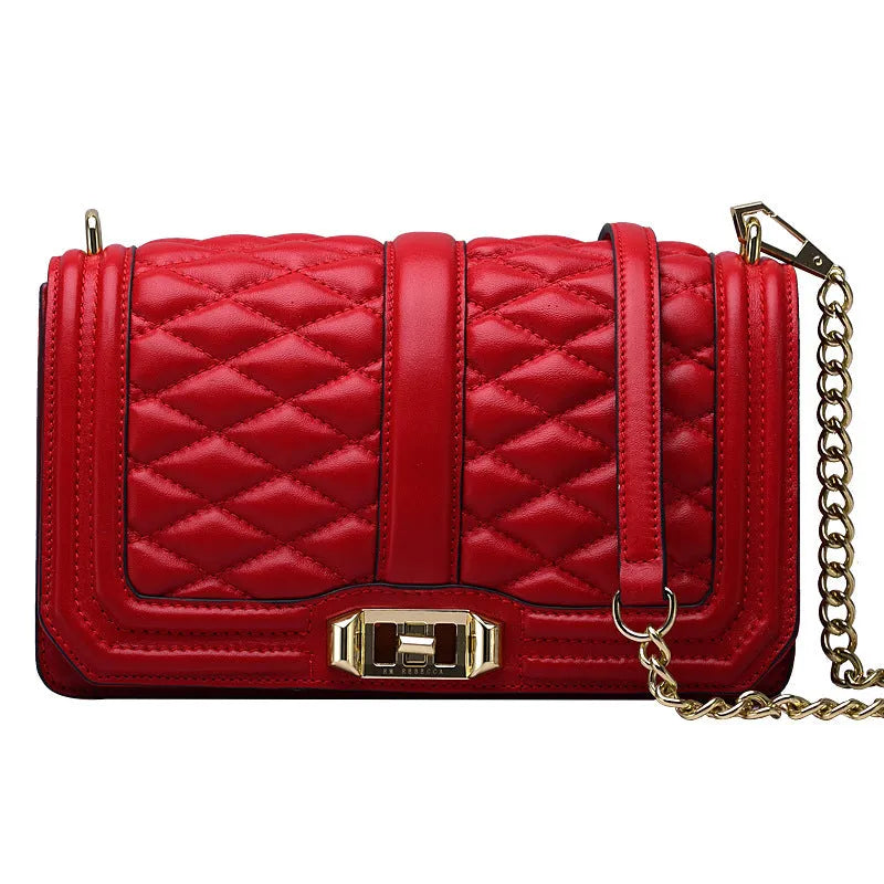Women's shoulder chain bag in first layer cowhide with plaid pattern and chain strap, square shape