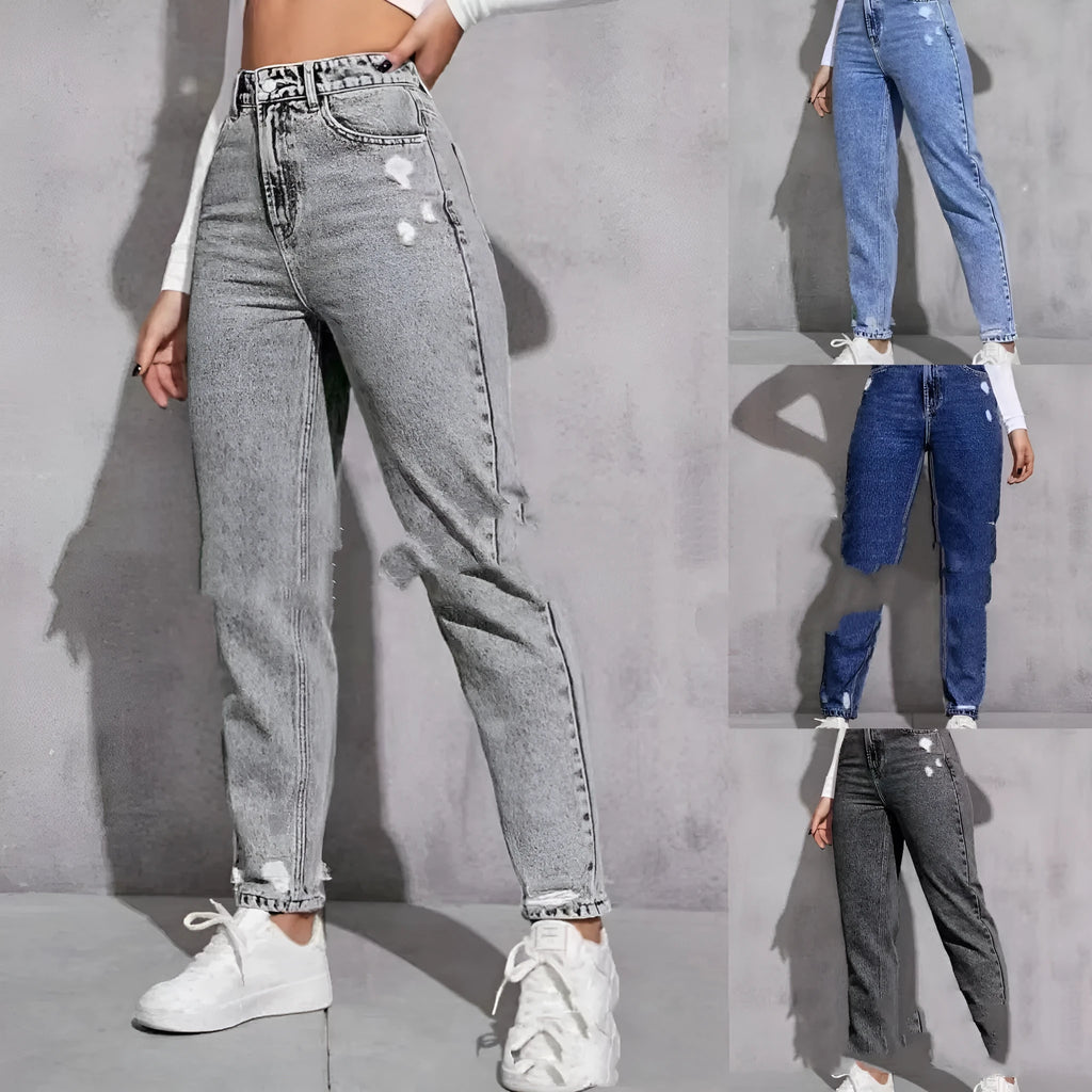 Women's ripped washed skinny jeans in light blue with nine-part calf length, high waist, cotton denim stretch fabric