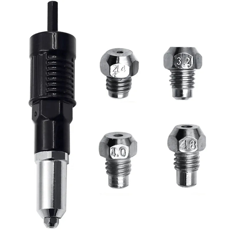 Black metal electric drill rivet gun attachment tool with a three-jaw chuck, 173mm long.