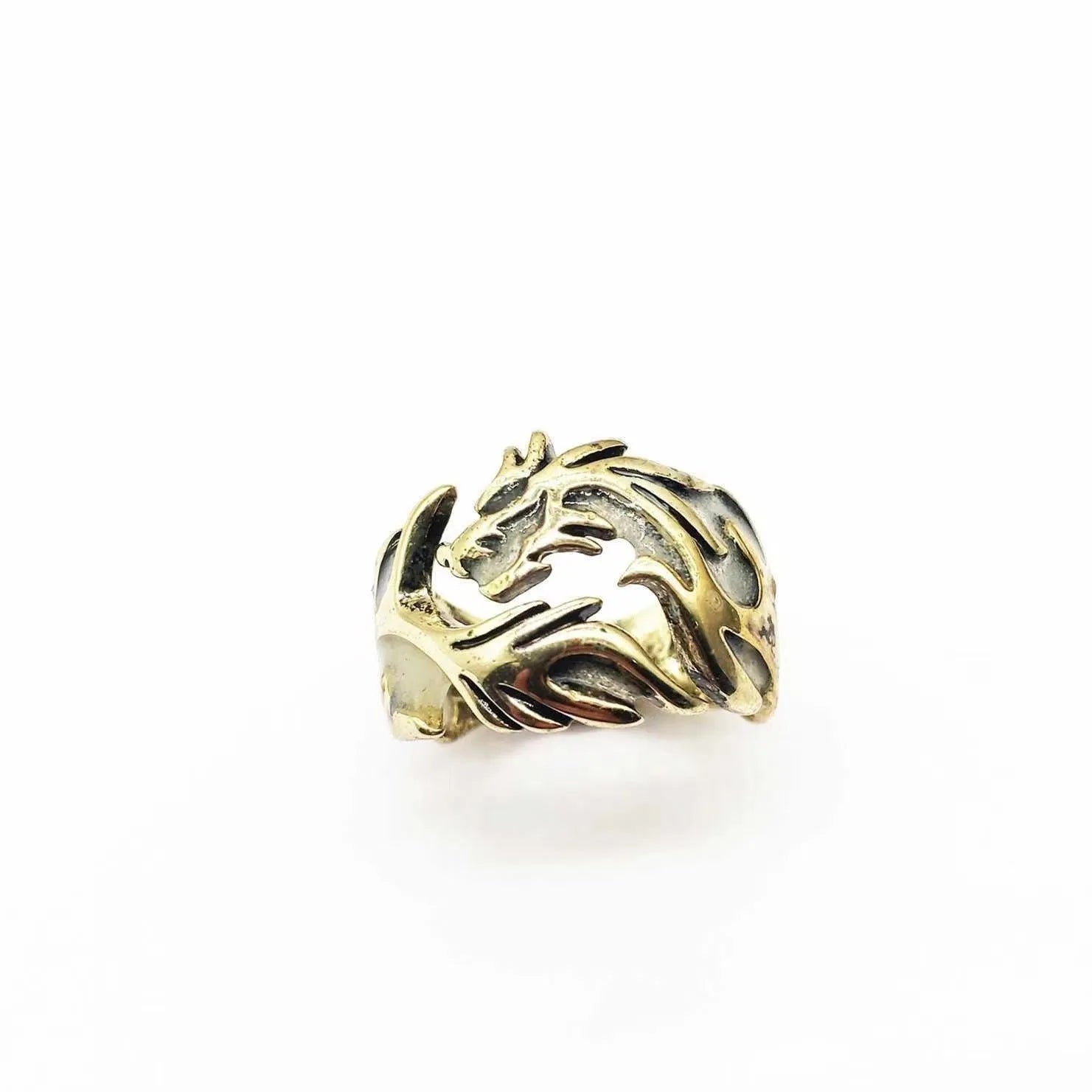 Chinese dragon pattern ring with adjustable opening in antique silver blue and green finish