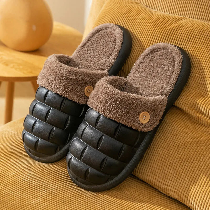 Plaid detachable slippers with anti-skid soles and plush lining in pink, green, yellow, white, grey, or black