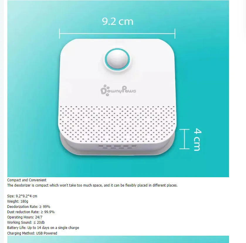 White DownyPaws smart cat odour purifier measuring 9.2x9.2x4cm with 4000mAh battery for litter box air purification