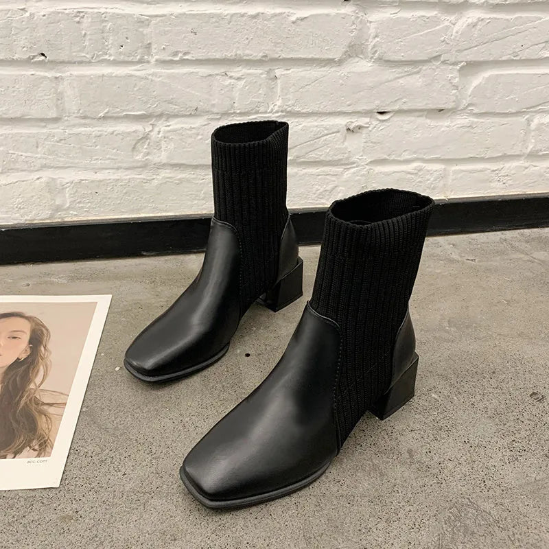 Women's fabric square toe thick heel socks boots in black with 16CM boot height and 5CM heel