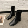 Women's fabric square toe thick heel socks boots in black with 16CM boot height and 5CM heel