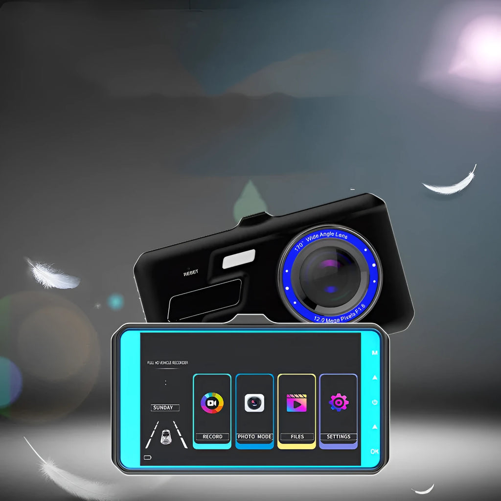 Black 4 inch touch screen car driving recorder with front and rear cameras