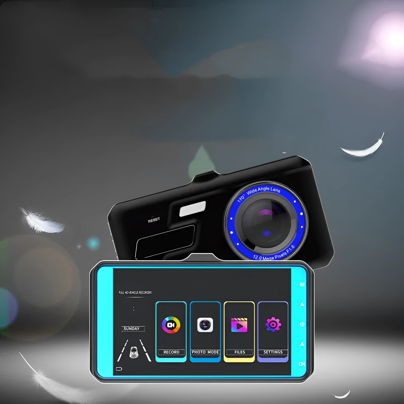 Black 4 inch touch screen car driving recorder with front and rear cameras