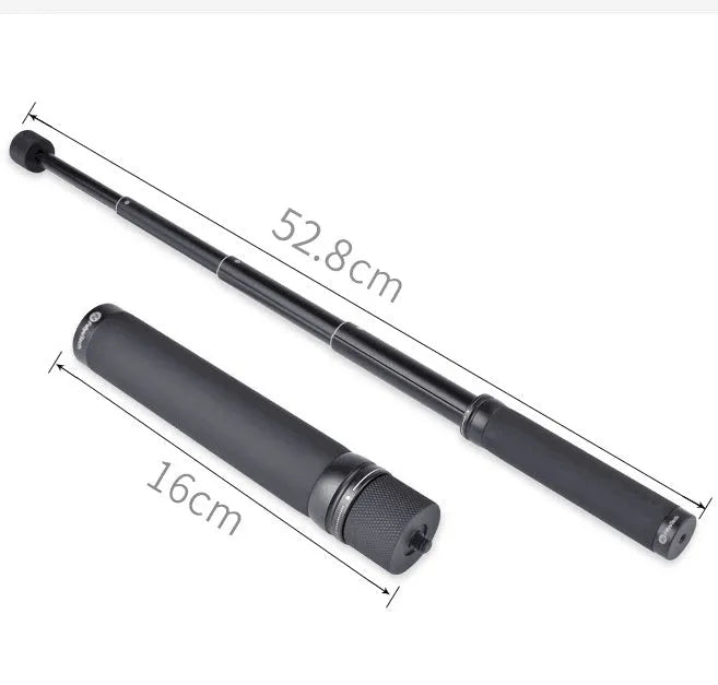 Black retractable aluminium selfie stick with foam grip, shown extended and collapsed.