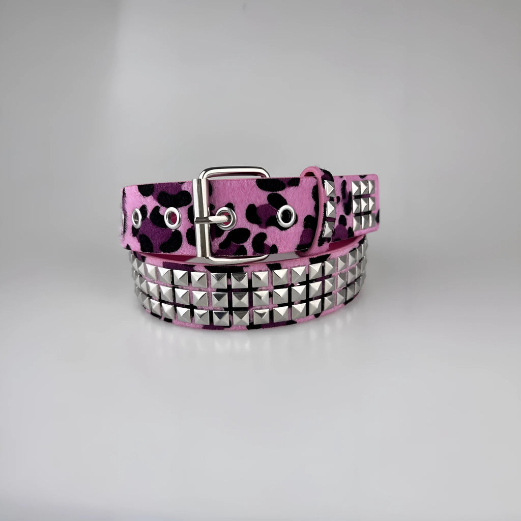 Punk women's brown leopard print belt with metal rivets and an alloy pin buckle.