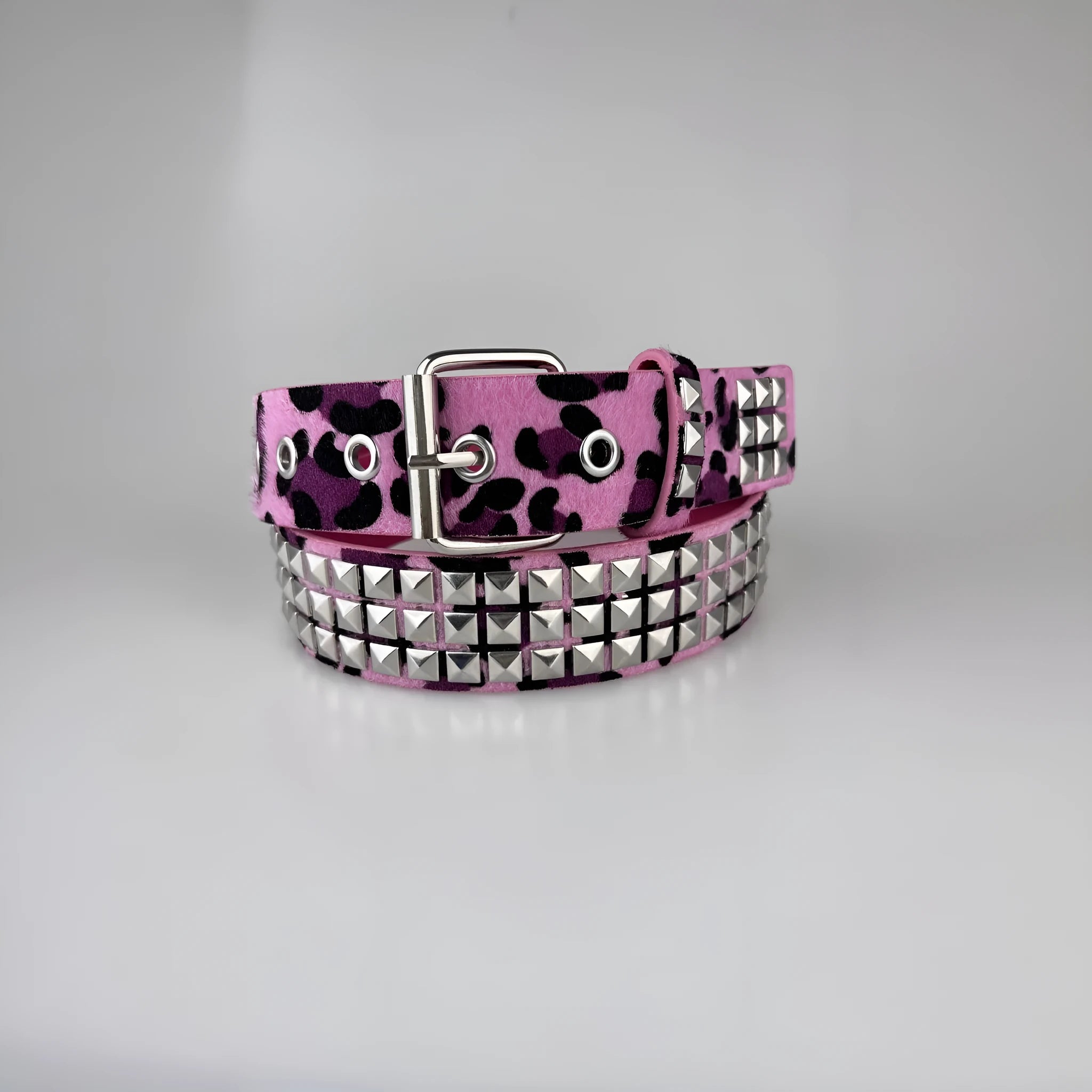 Punk women's brown leopard print belt with metal rivets and an alloy pin buckle.