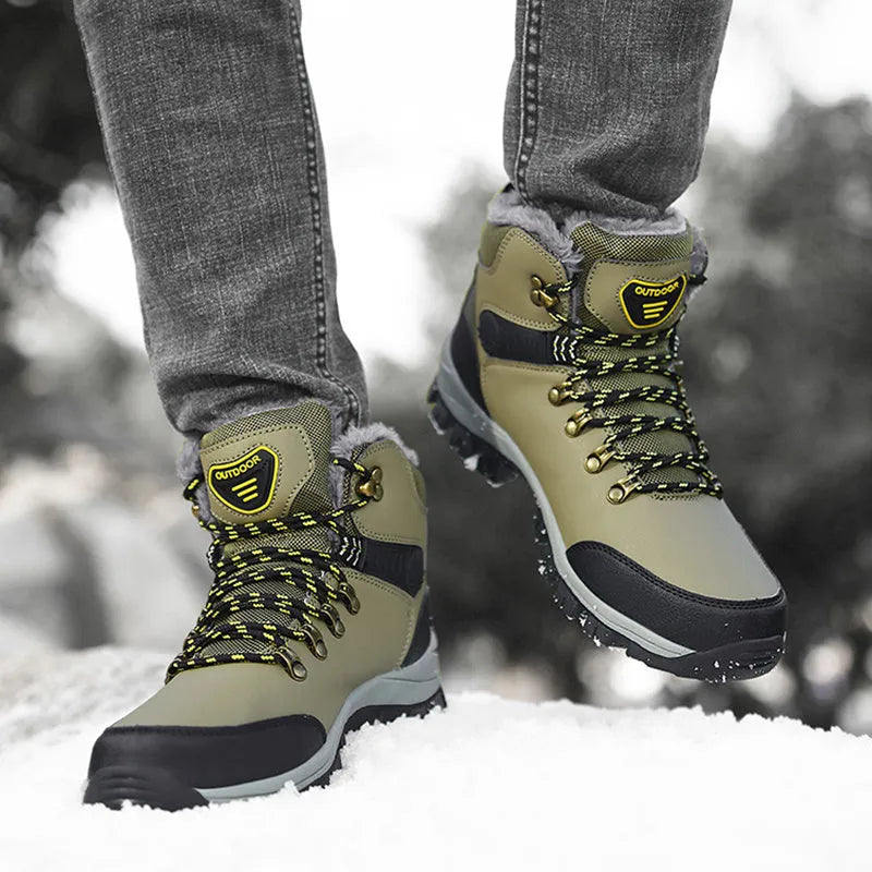 Men's winter snow boots with warm plush lining, lace-up synthetic leather upper, TPR sole, grey plus colour option