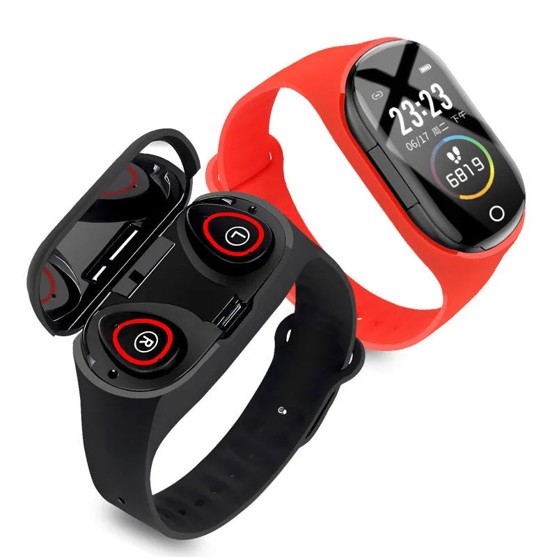 Smart bracelet with integrated wireless earphones showing 1-inch screen and silicone wristband