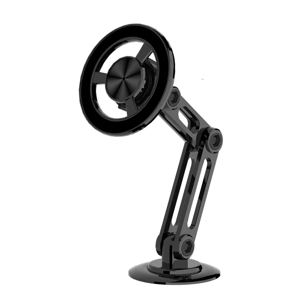All-metal magnetic car phone holder in black, mounted on a dashboard with a smartphone attached.