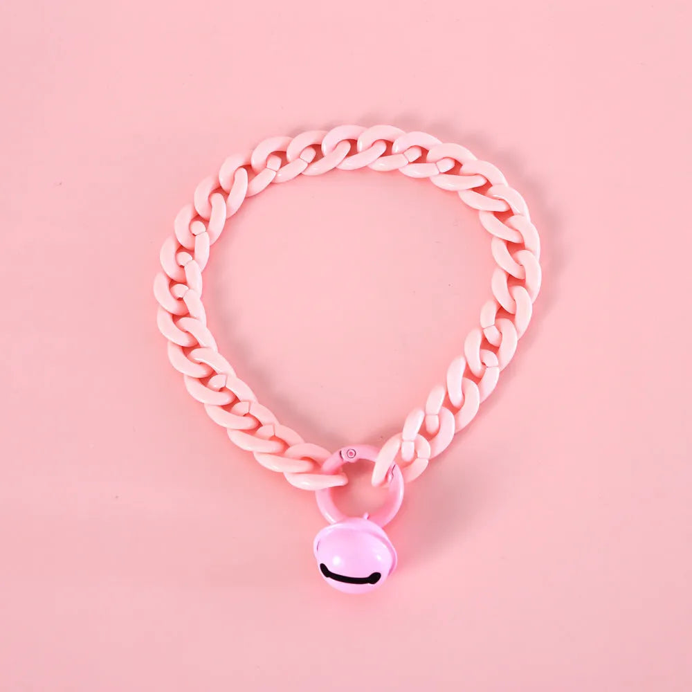 Macaron candy colour plastic pet collar on a white background, showing chain blue, pink, and mixed colour options for cats, dogs, and rabbits.