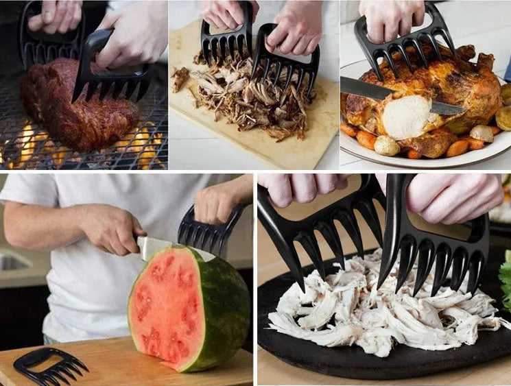 Two black bear claw meat shredding forks for barbecue preparation on kitchen surface