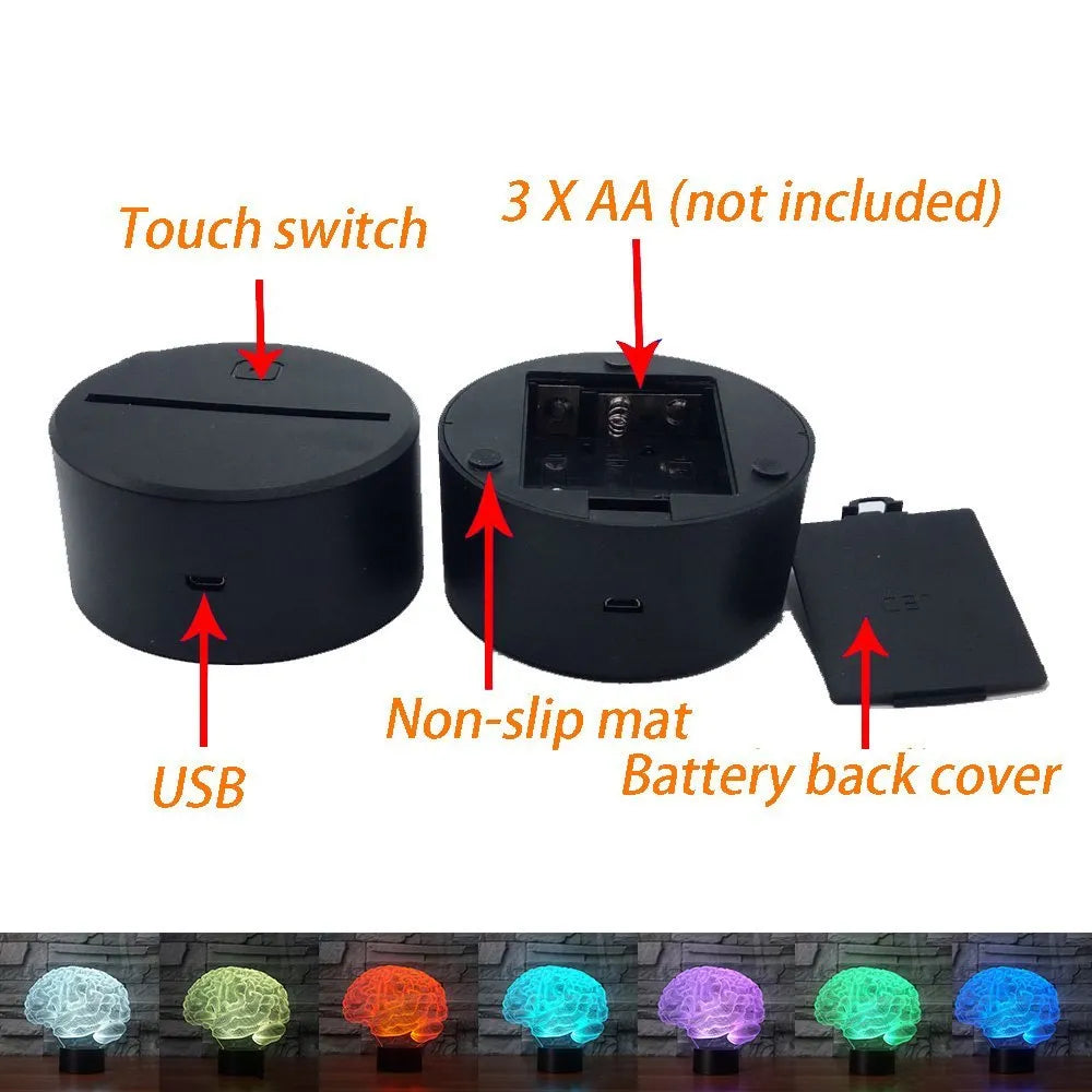 3D brain design LED desk lamp with colour changing modes and remote control on acrylic base