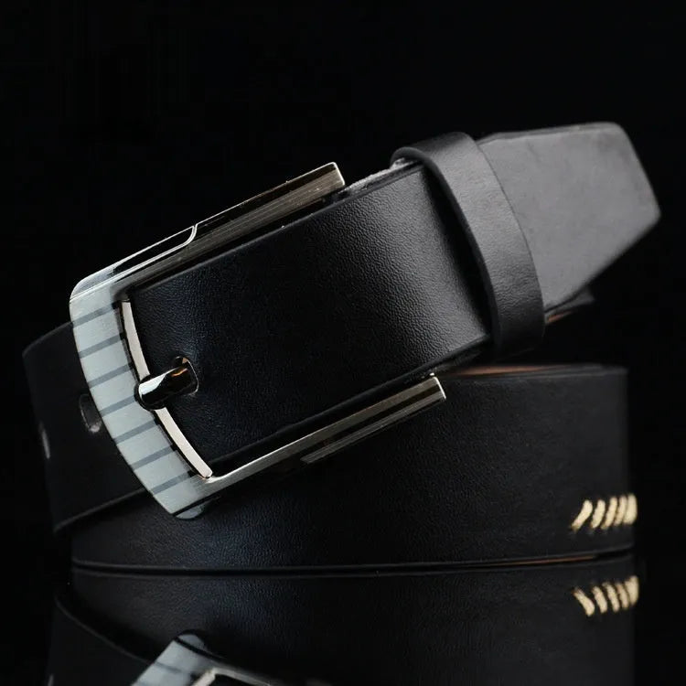 Men's black imitation leather belt with silver alloy pin buckle on a white background.