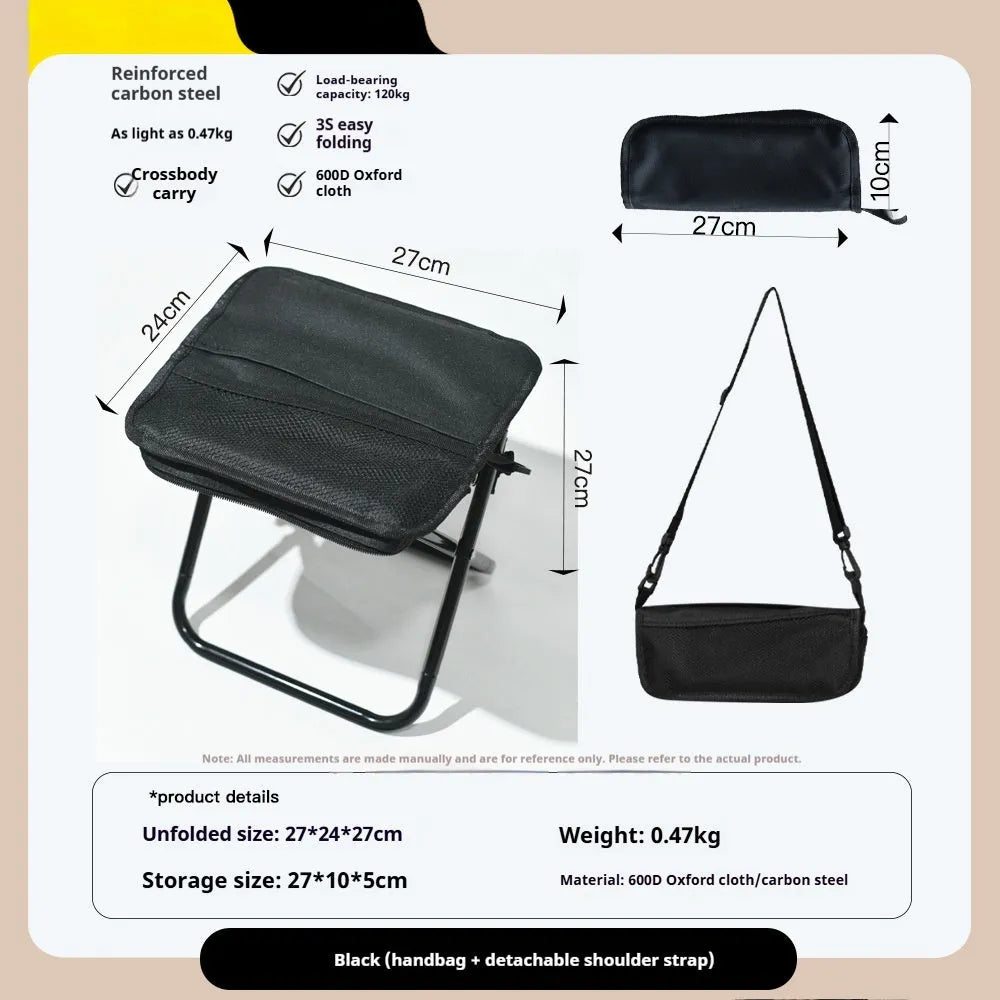 Lightweight foldable camping stool in Oxford cloth shown in a khaki colour, folded to a slim profile.