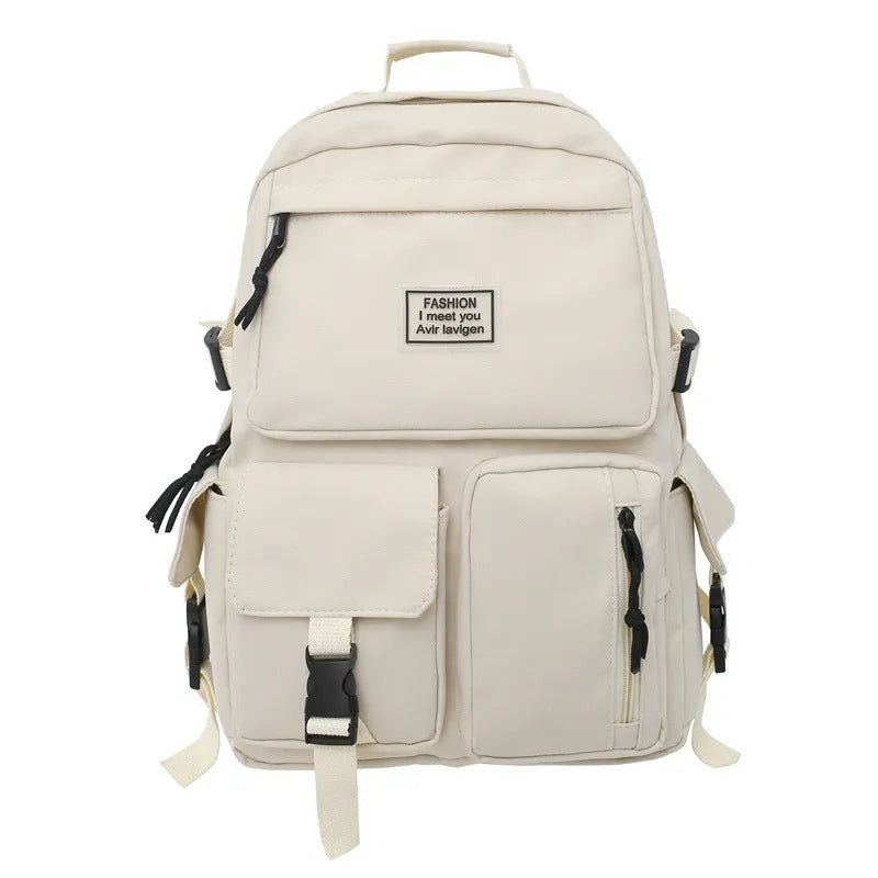 Nylon student backpack in black colour showing laptop compartment and three-dimensional pockets