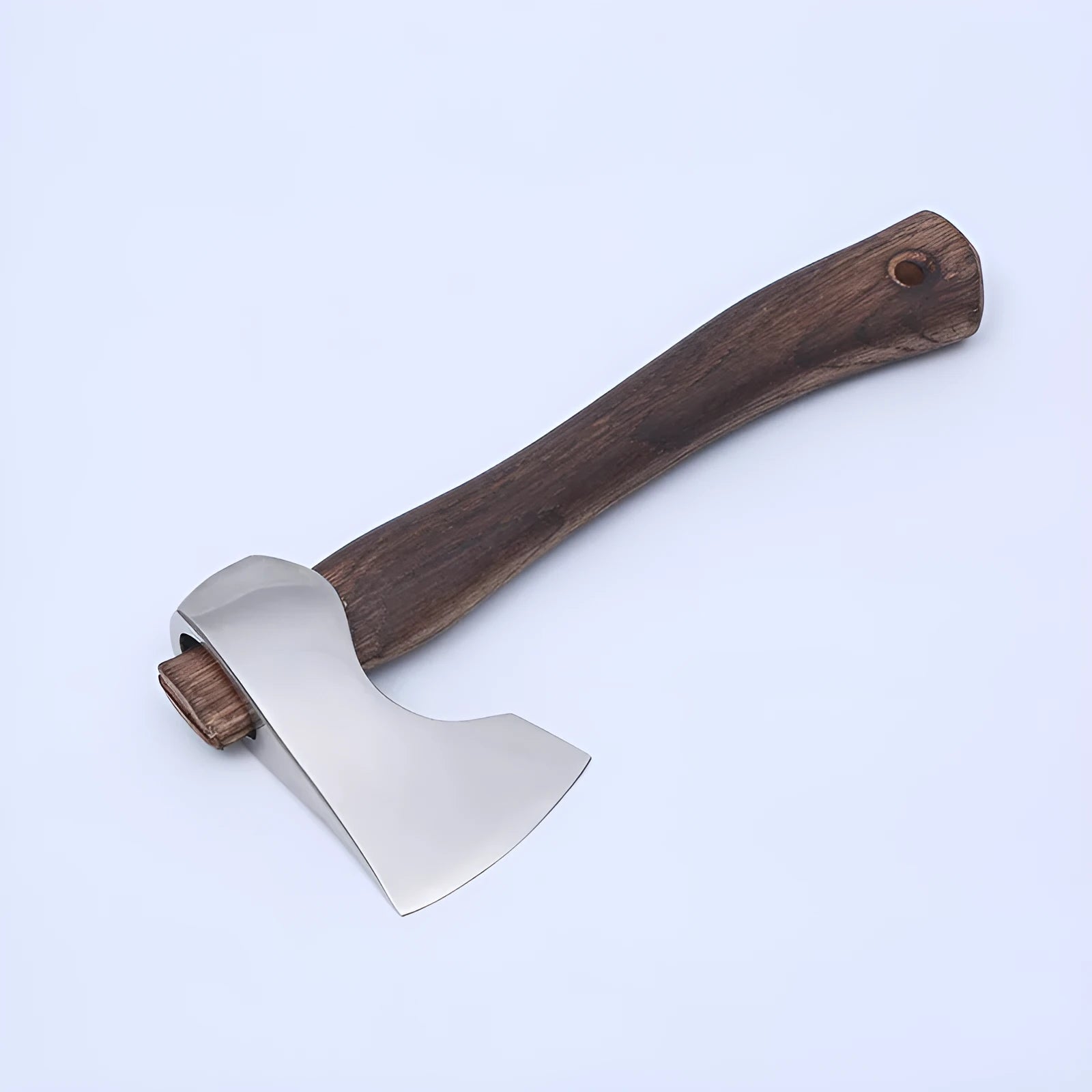 Camping axe with wooden handle and high carbon steel head, measuring 250mm long