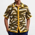 Khaki short sleeve cardigan with American striped pattern and hand-crocheted retro design