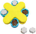 Yellow dog puzzle feeder toy with rotating lids and anti-slip rubber pads on base