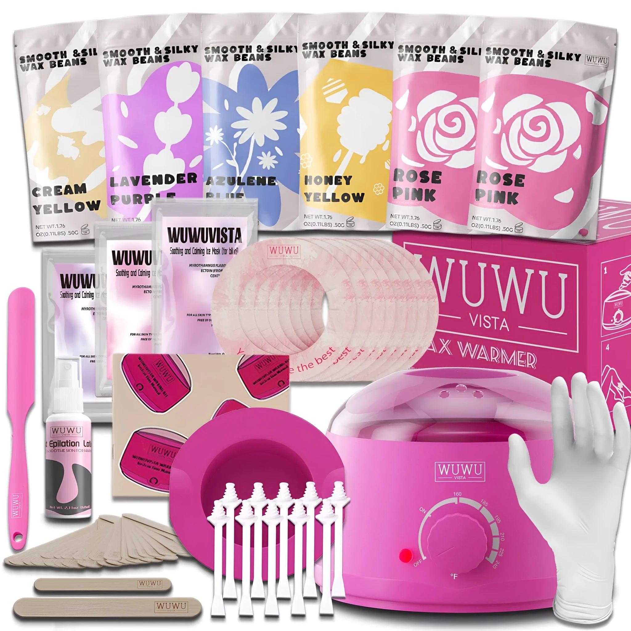 WUWUVISTA professional waxing kit with smart warmer, wax beads, applicators and aftercare products