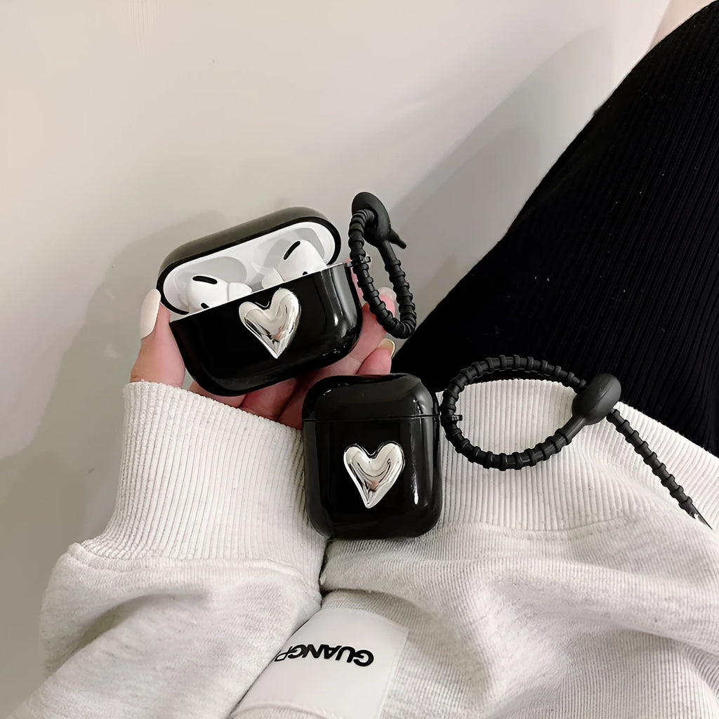 Black TPU earphone sleeve with electroplated love heart design and black cord for AirPods case