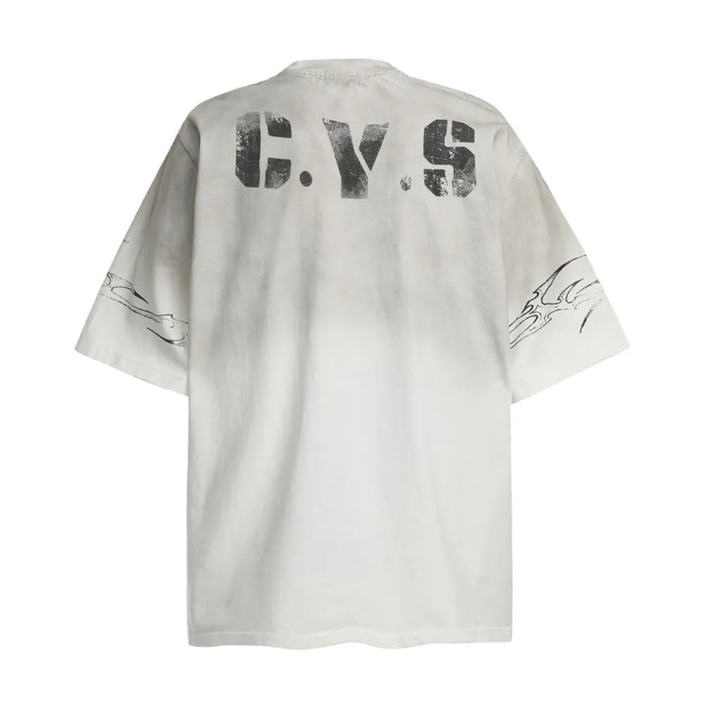 Men's black and white printed short-sleeve cotton t-shirt laid flat, showing sizes S, M, L, XL.