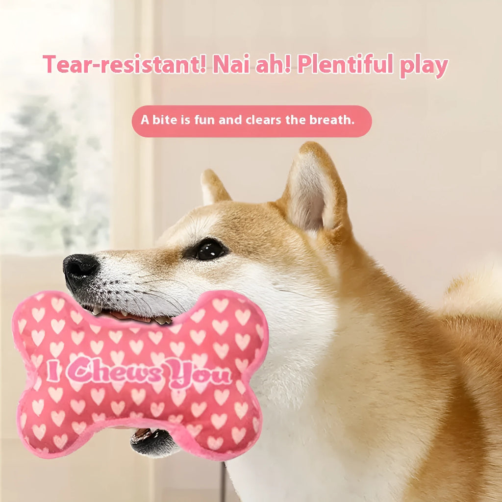 Bite-resistant PP plush dog chew toy for tooth cleaning, in bone powder, white, pink, or red.