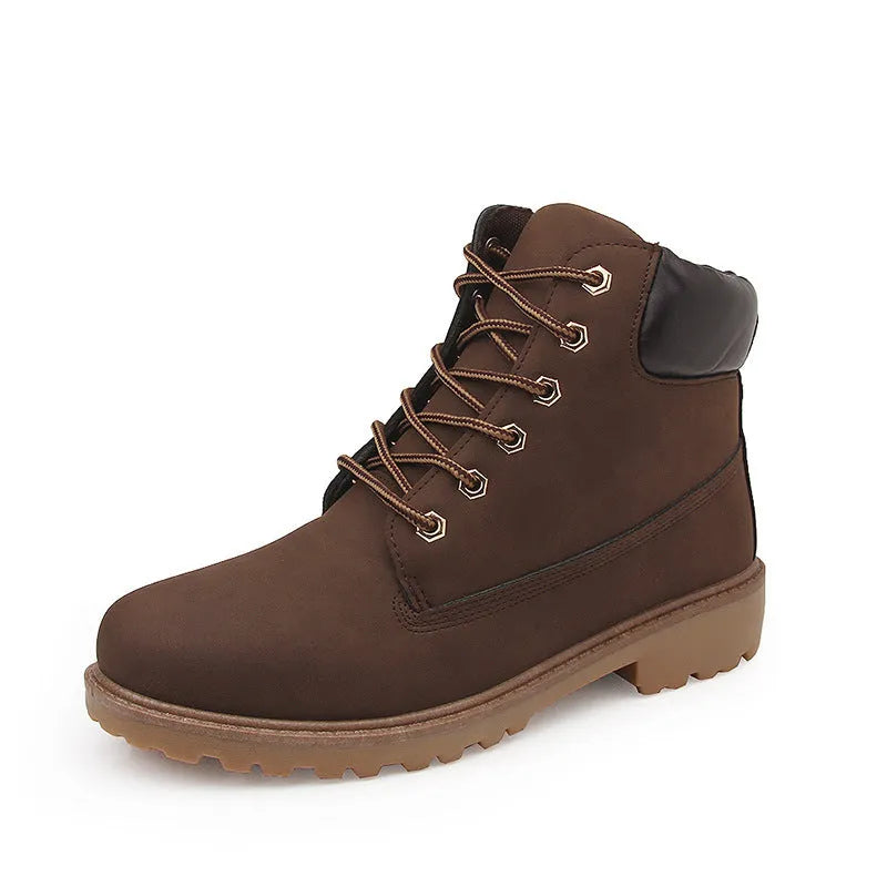 Men's pink high-top Martin boots with velvet lining, flat sole, and round toe.