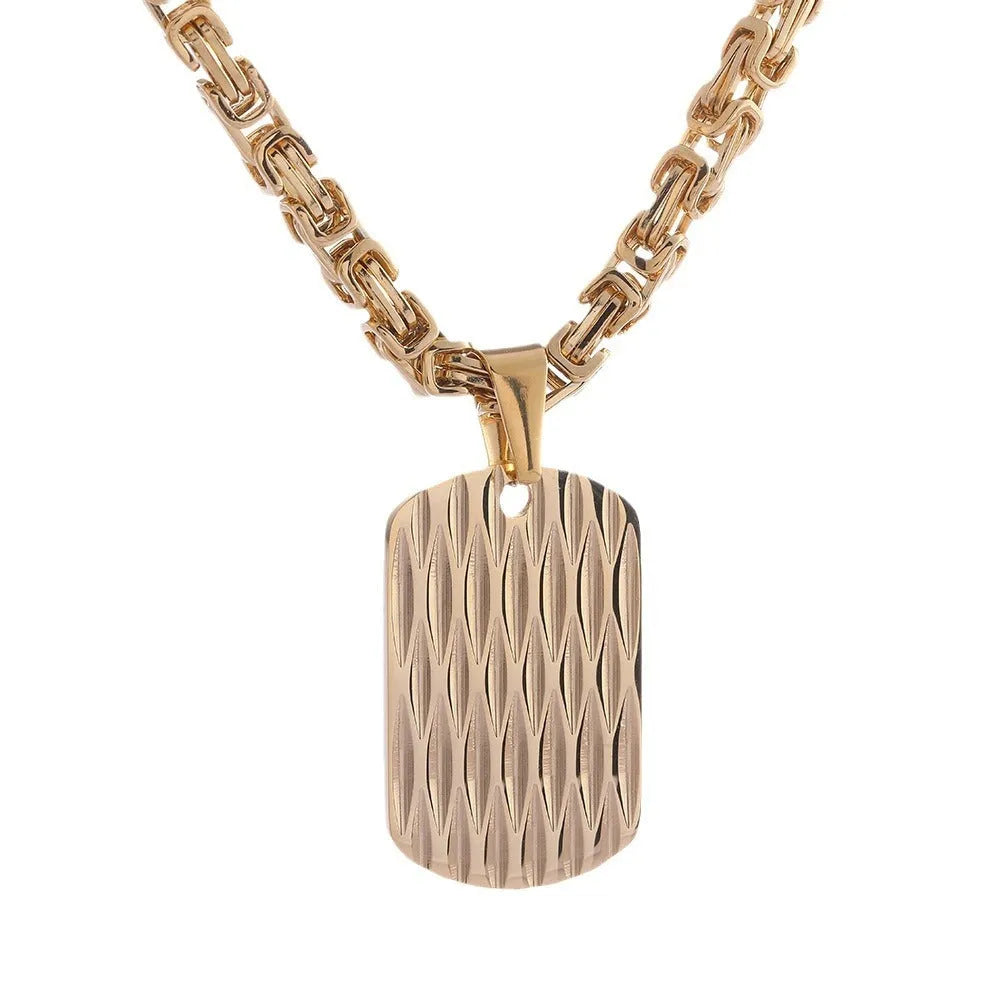 Men's titanium steel necklace with geometric water ripple pendant on an emperor chain.