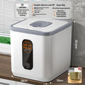 Grey plastic insect-proof moisture-proof rice storage jar with measuring cup in 10kg, 20kg, 30kg sizes.