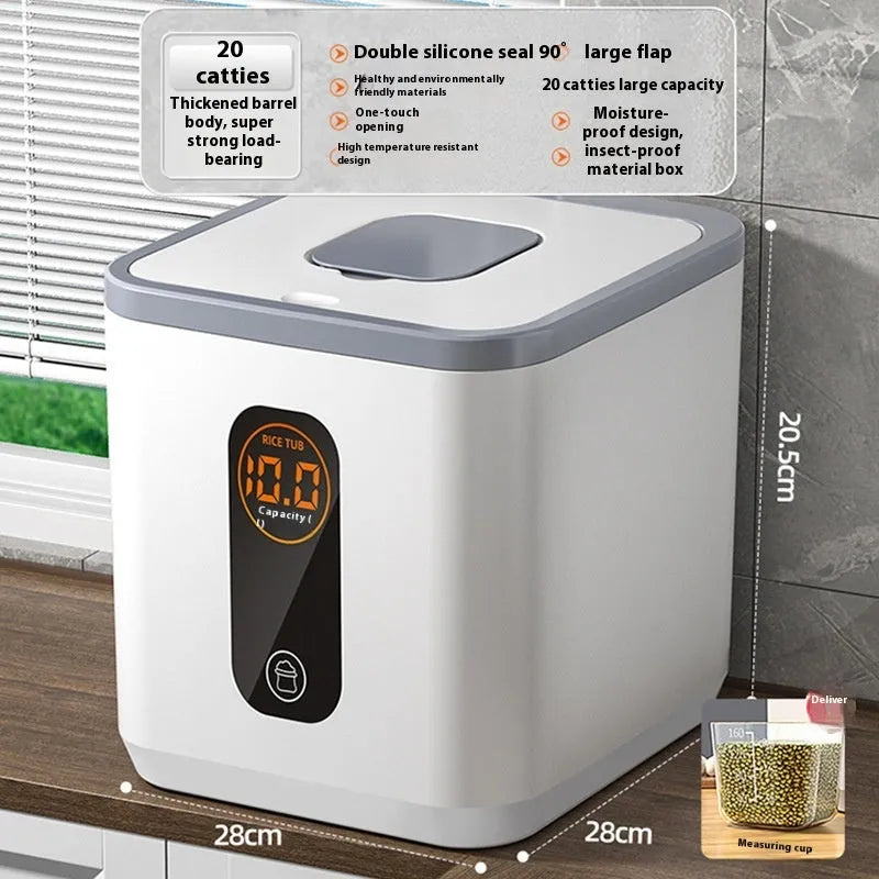 Grey plastic insect-proof moisture-proof rice storage jar with measuring cup in 10kg, 20kg, 30kg sizes.