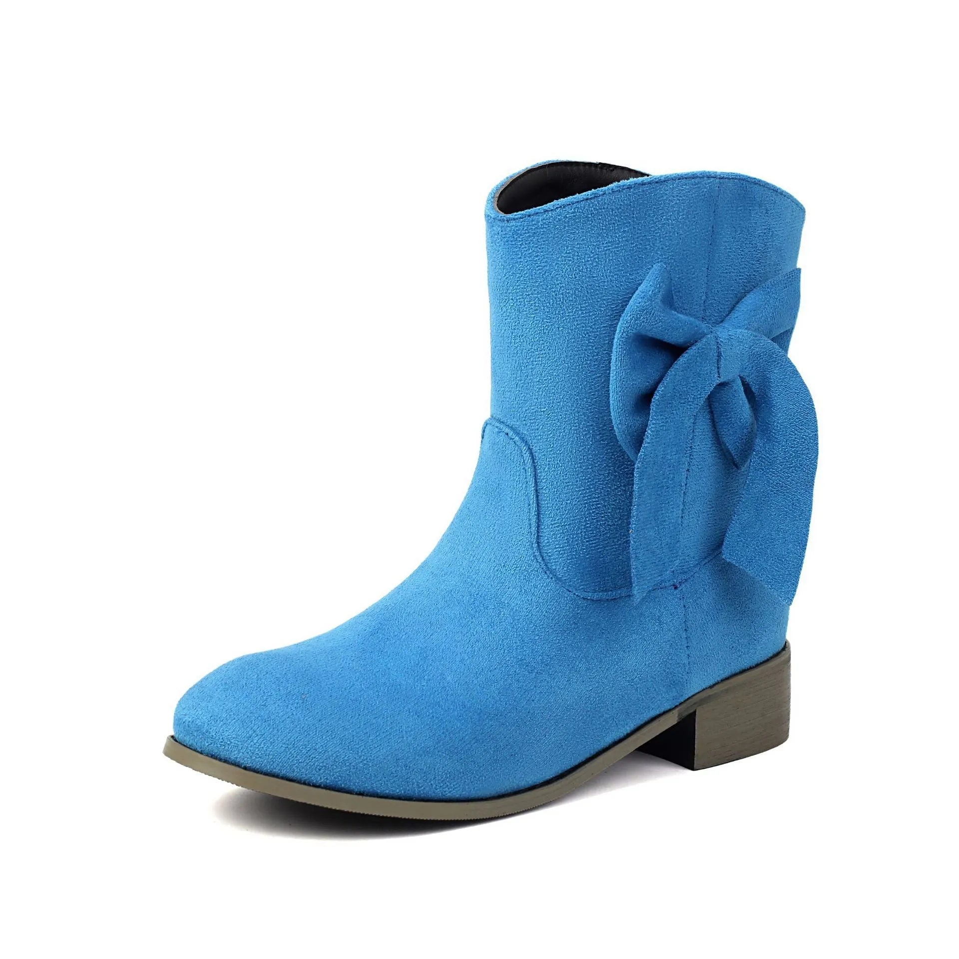 Low heel suede sweet bow casual boots for women, square toe, low tube, in burgundy with bow detail