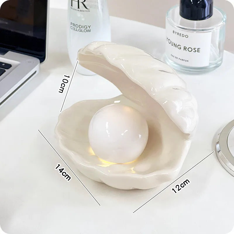 Yellow porcelain tray with a choice of pink or white decorative shell, some versions include a small integrated night light.