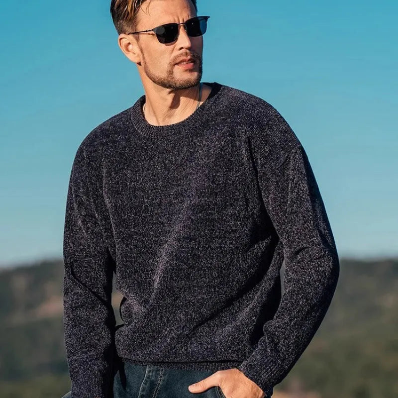 Men's single-layer fleece-lined round neck pullover sweater in black, front view, long sleeves, casual fit.