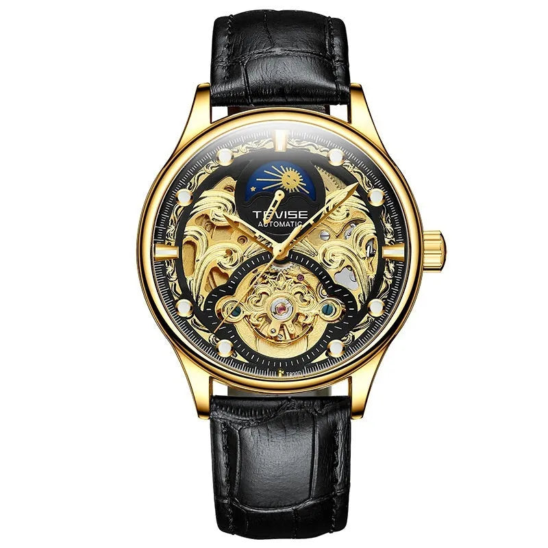 Men's gold leather automatic mechanical watch with waterproof case on wrist.