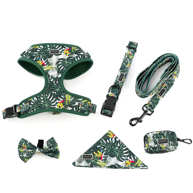 Six-piece adjustable cloth dog harness set with vest, rope, collar, waste bag, bow, and scarf in S, M, L sizes.