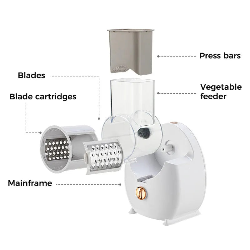 White electric vegetable slicer with rotary blades and suction base for kitchen food preparation
