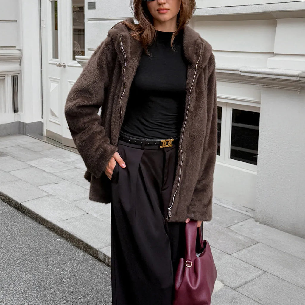 Women's brown polyester coat with fur collar, long sleeves, and regular fit on display