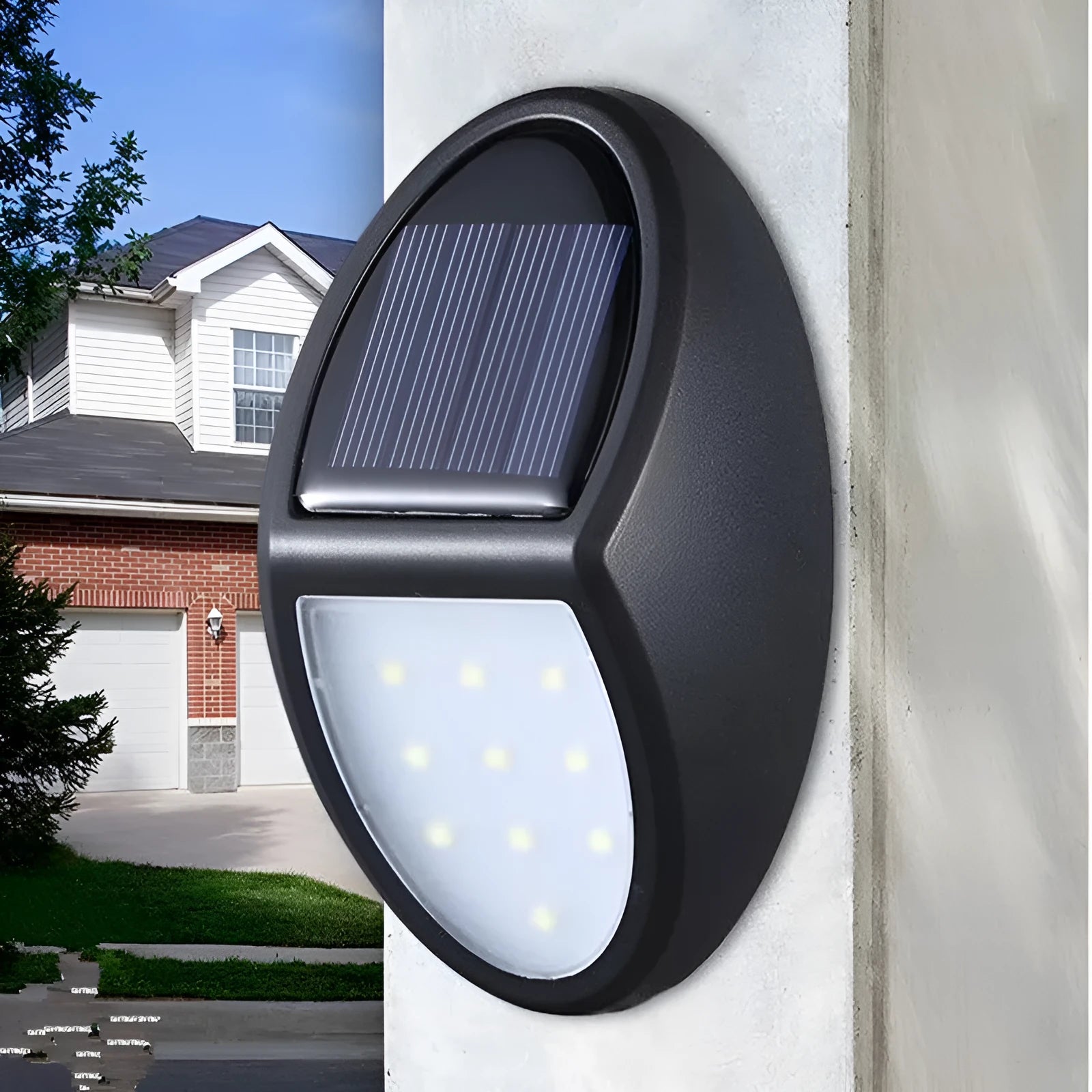 Black solar wall light with solar panel showing dimensions 75mm x 120mm